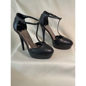 Joey O Black T-Strap Platform Stiletto Heels Embossed Pumps Women's 8.5